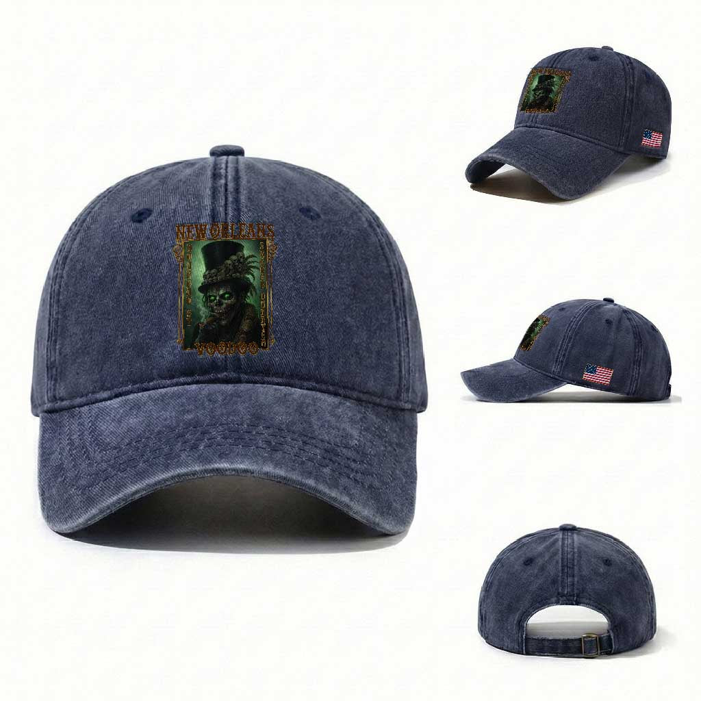 New Orleans Voodoo Washed Cotton Baseball Cap Bourbon Street French Quarter Creepy Occult Lover TS11 Washed Cap Universal Fit Navy Print Your Wear