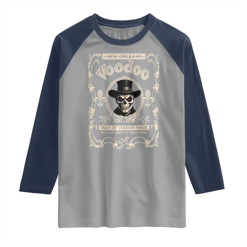 New Orleans Voodoo Raglan Shirt Tales Of Voodoo Magic Skull Spooky Hoodoo Rootworker TS11 Sport Gray Navy Print Your Wear