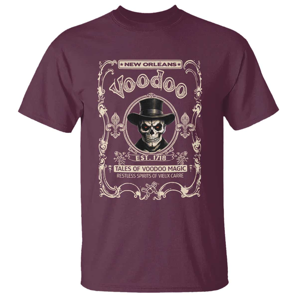 New Orleans Voodoo T Shirt Tales Of Voodoo Magic Skull Spooky Hoodoo Rootworker TS11 Maroon Print Your Wear