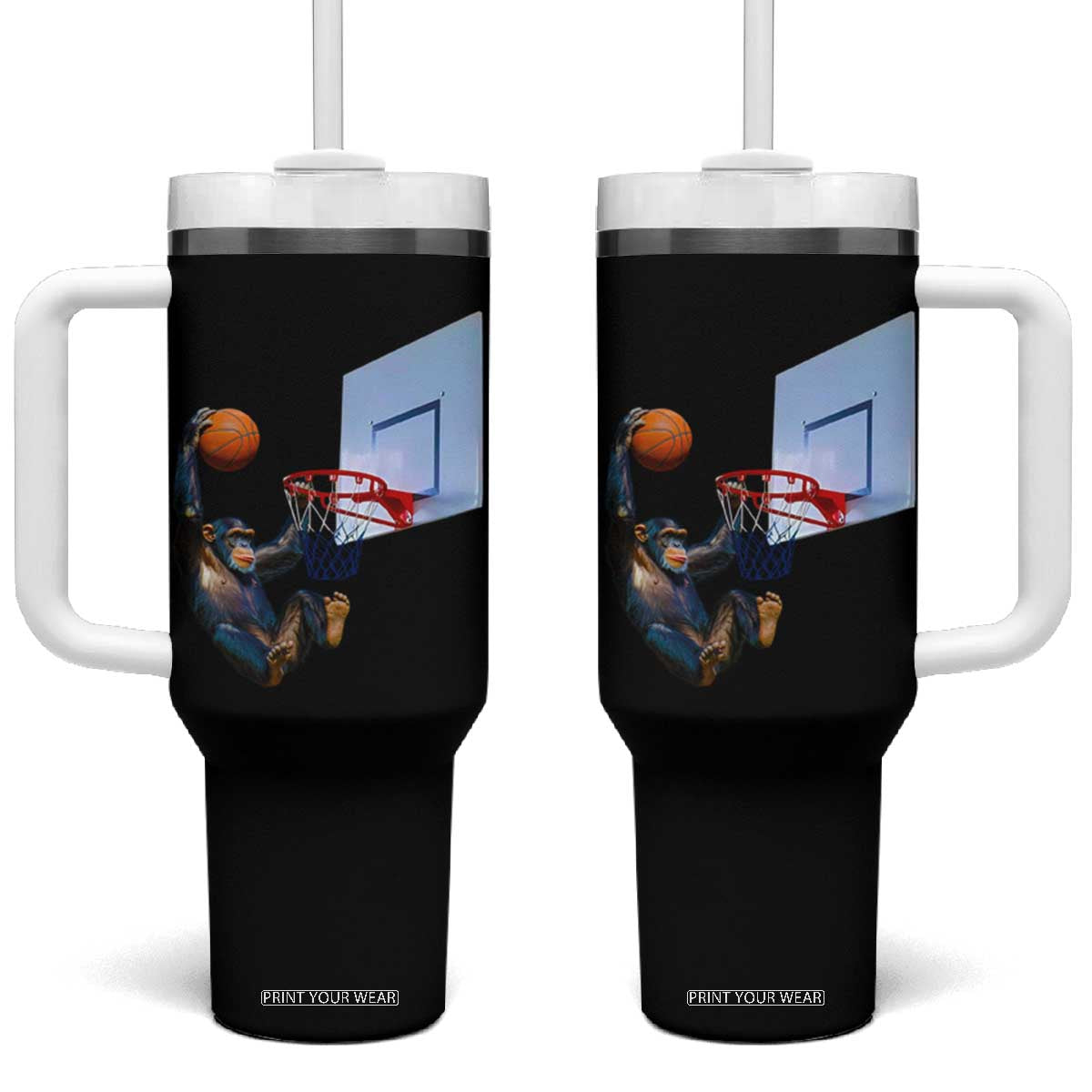 Funny Chimpanzee Basketball Monkey Tumbler With Handle TS11 One Size: 40 oz Black Print Your Wear