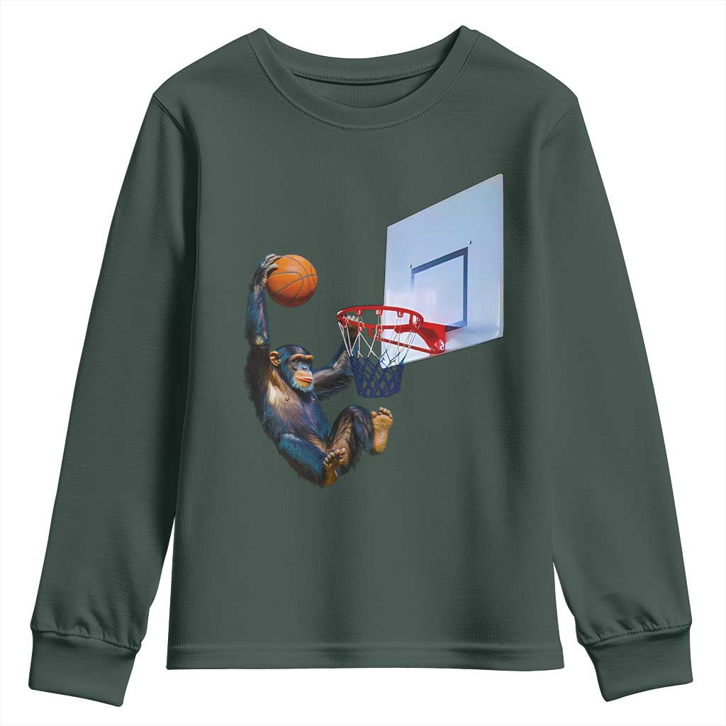 Funny Chimpanzee Basketball Monkey Youth Sweatshirt TS11 Dark Forest Green Print Your Wear