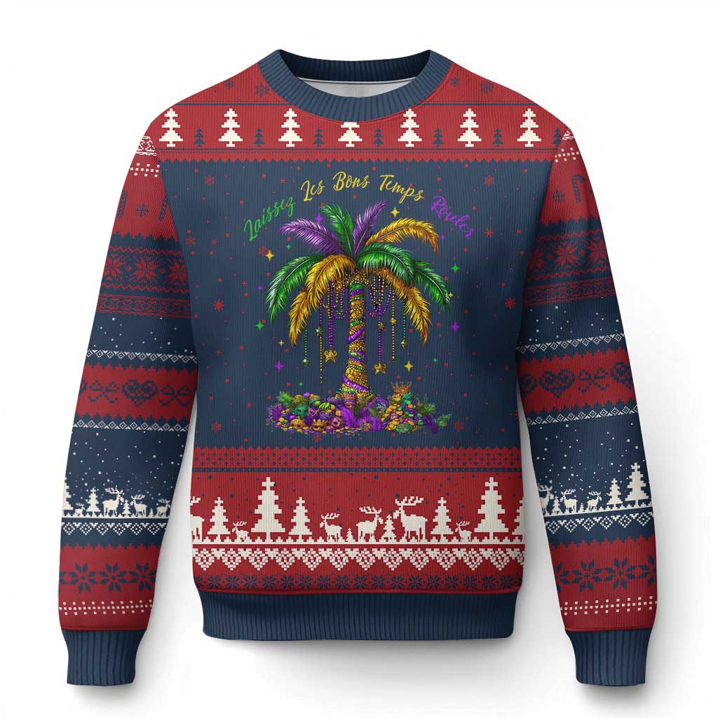 Funny Mardi Gras Coconut Palm Tree Ugly Christmas Sweater Laissez Les Bons Temps Rouler Beads Masks TS11 Navy Red Print Your Wear