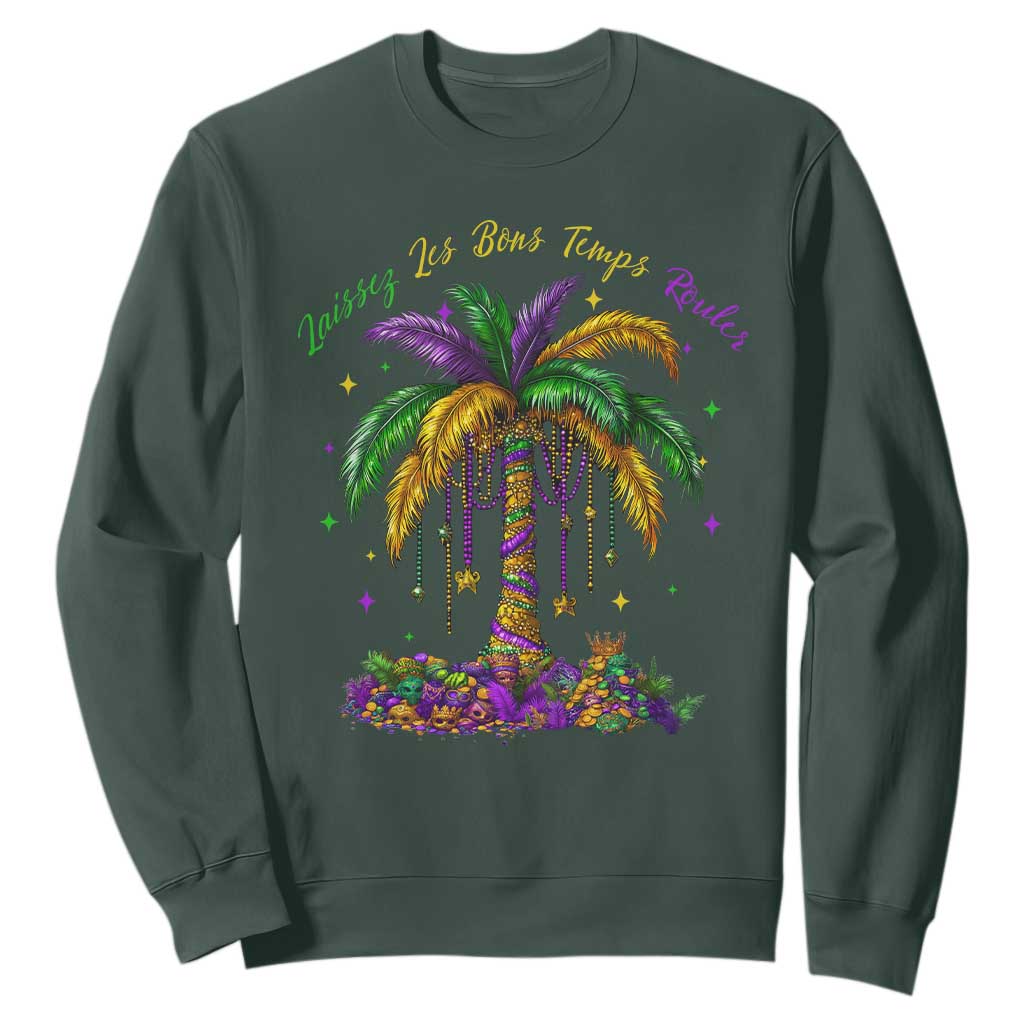 Funny Mardi Gras Coconut Palm Tree Sweatshirt Laissez Les Bons Temps Rouler Beads Masks TS11 Dark Forest Green Print Your Wear