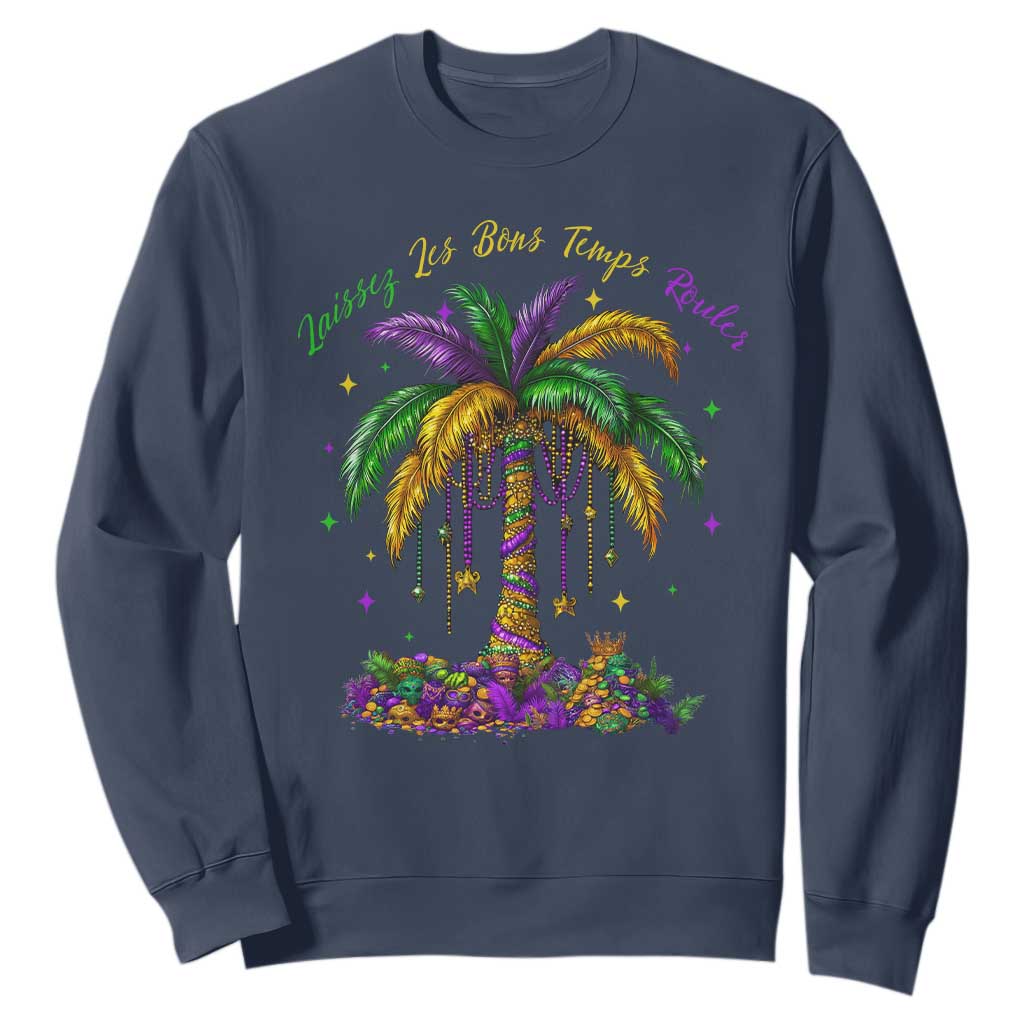 Funny Mardi Gras Coconut Palm Tree Sweatshirt Laissez Les Bons Temps Rouler Beads Masks TS11 Navy Print Your Wear