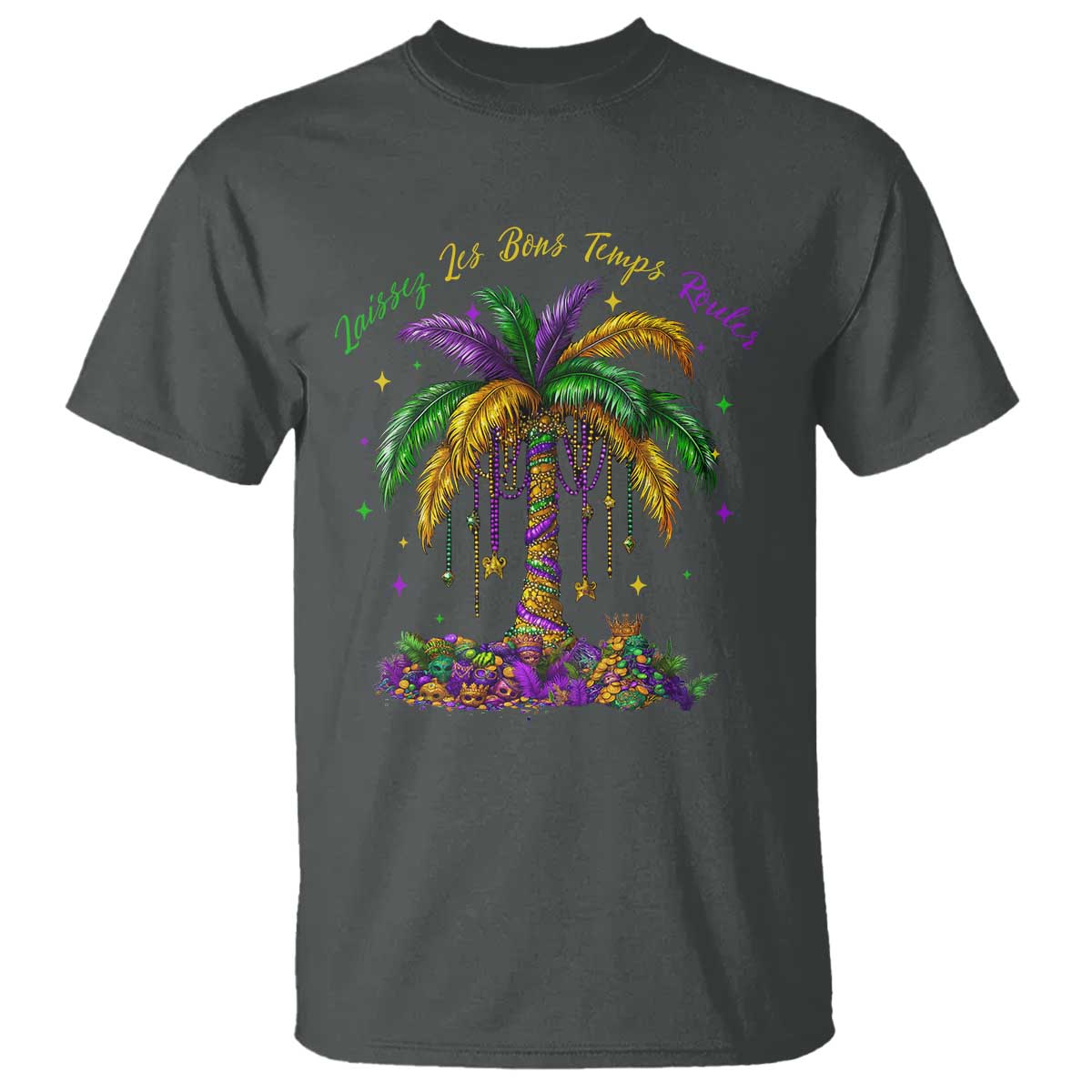 Funny Mardi Gras Coconut Palm Tree T Shirt Laissez Les Bons Temps Rouler Beads Masks TS11 Dark Heather Print Your Wear