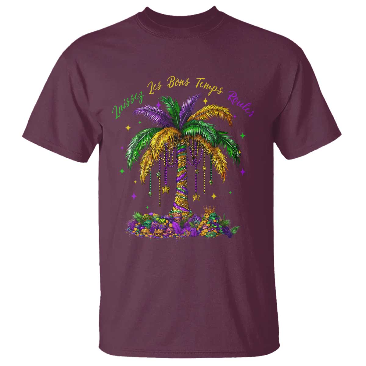 Funny Mardi Gras Coconut Palm Tree T Shirt Laissez Les Bons Temps Rouler Beads Masks TS11 Maroon Print Your Wear