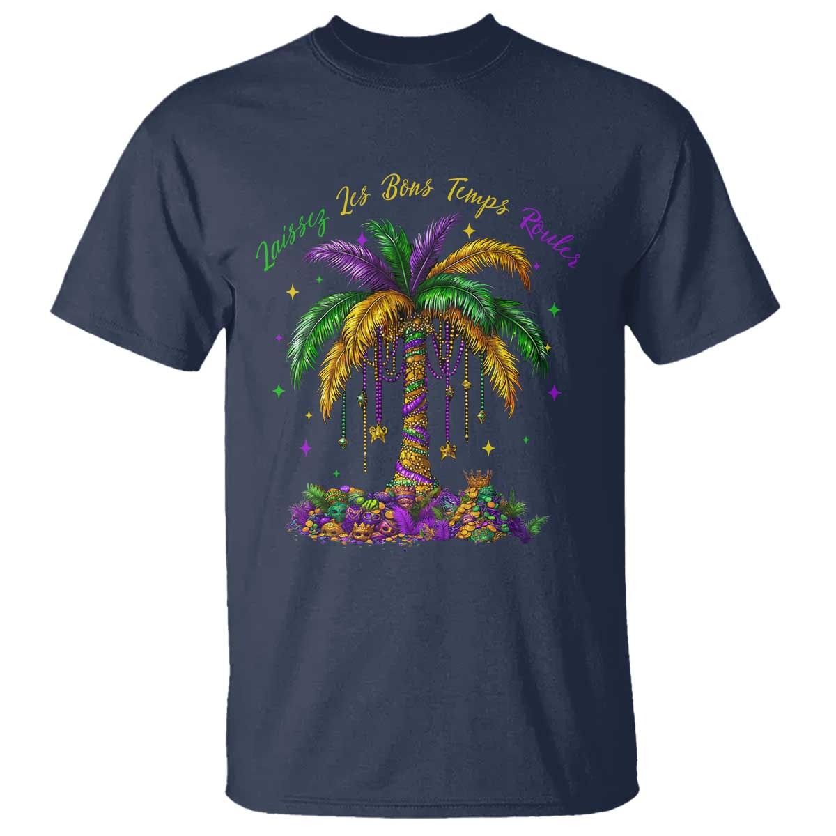 Funny Mardi Gras Coconut Palm Tree T Shirt Laissez Les Bons Temps Rouler Beads Masks TS11 Navy Print Your Wear