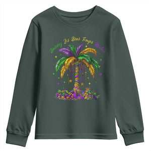 Funny Mardi Gras Coconut Palm Tree Youth Sweatshirt Laissez Les Bons Temps Rouler Beads Masks TS11 Dark Forest Green Print Your Wear