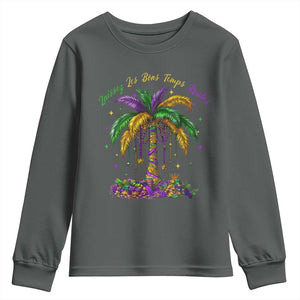 Funny Mardi Gras Coconut Palm Tree Youth Sweatshirt Laissez Les Bons Temps Rouler Beads Masks TS11 Dark Heather Print Your Wear