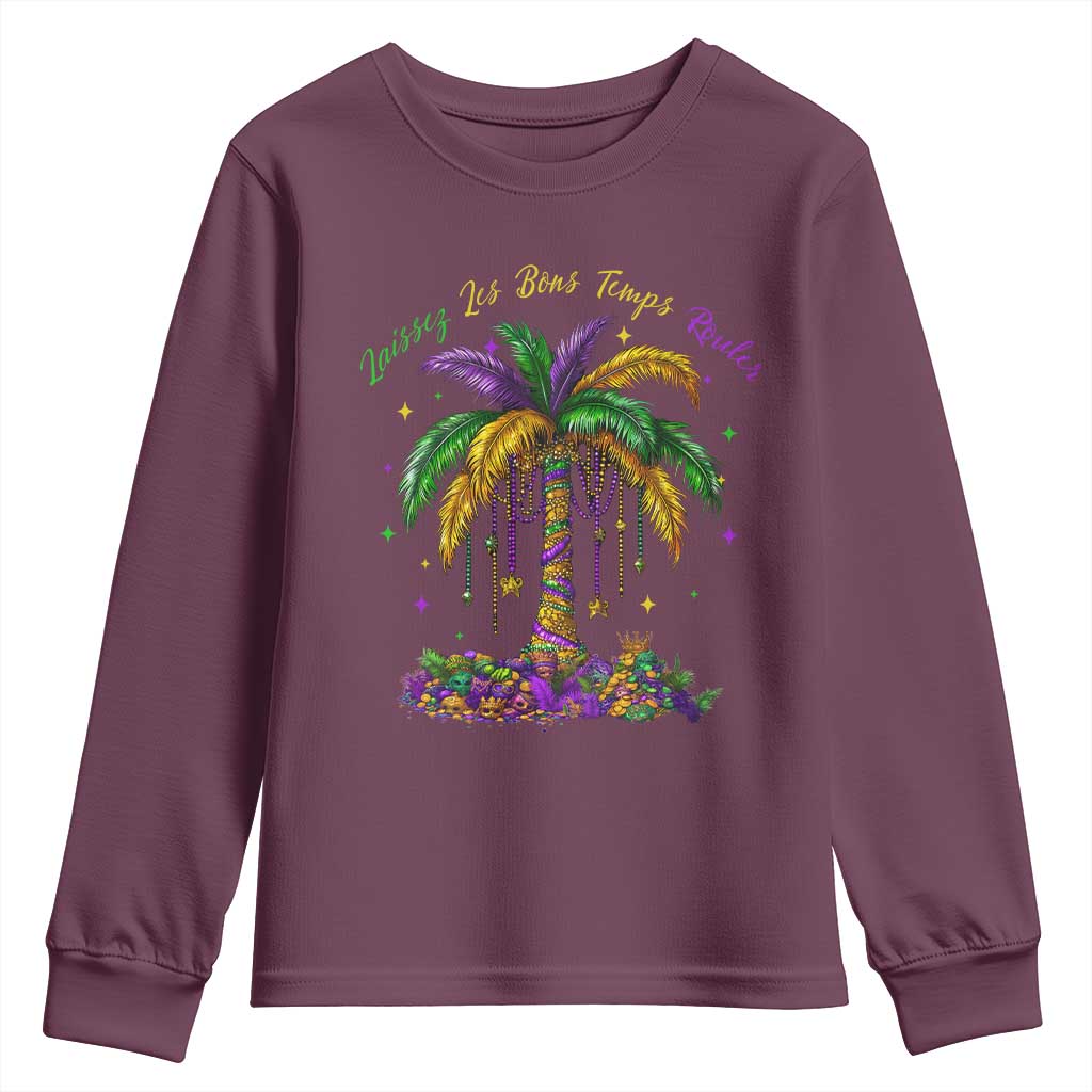 Funny Mardi Gras Coconut Palm Tree Youth Sweatshirt Laissez Les Bons Temps Rouler Beads Masks TS11 Maroon Print Your Wear