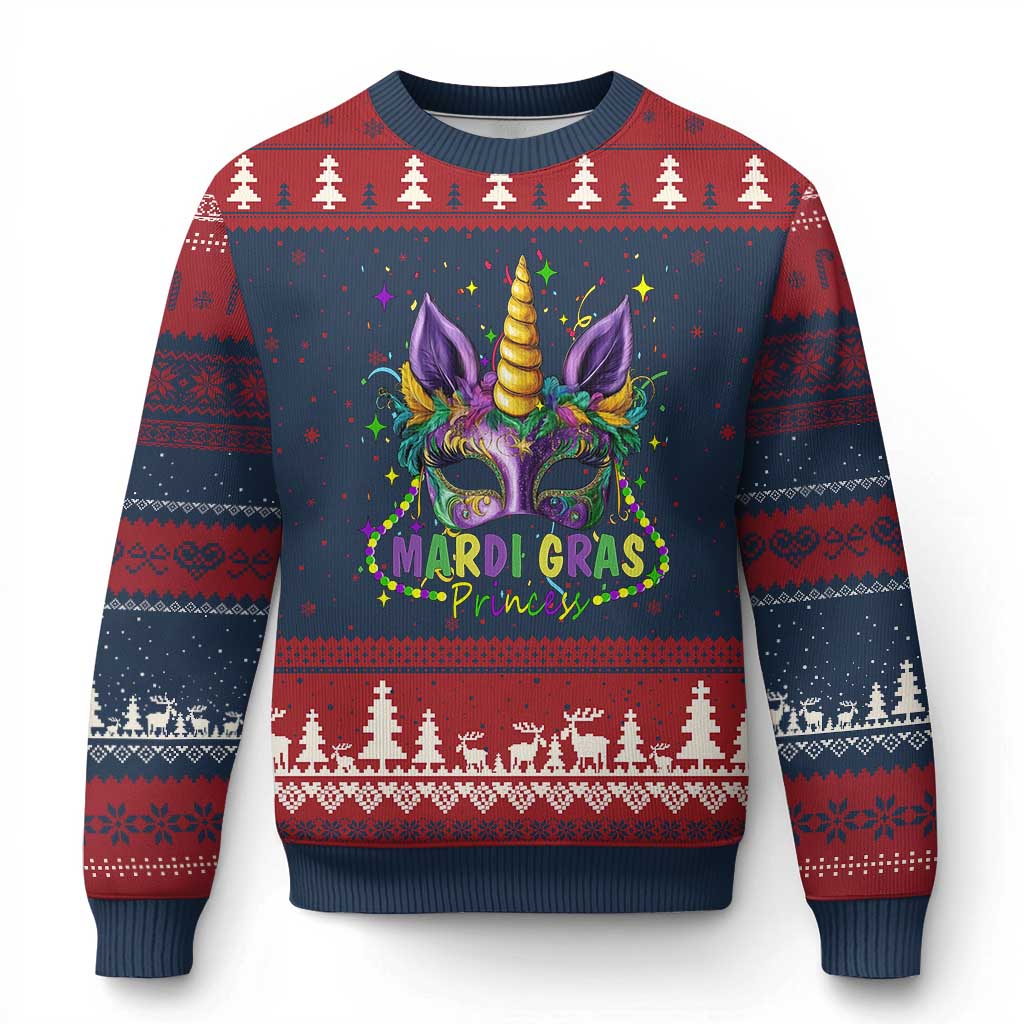 Funny Mardi Gras Princess Ugly Christmas Sweater Unicorn Mask Party TS11 Navy Red Print Your Wear