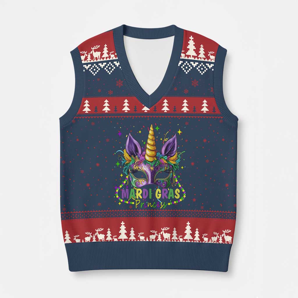 Funny Mardi Gras Princess V-Neck Knit Sweater Vest Unicorn Mask Party TS11 Navy Red Print Your Wear