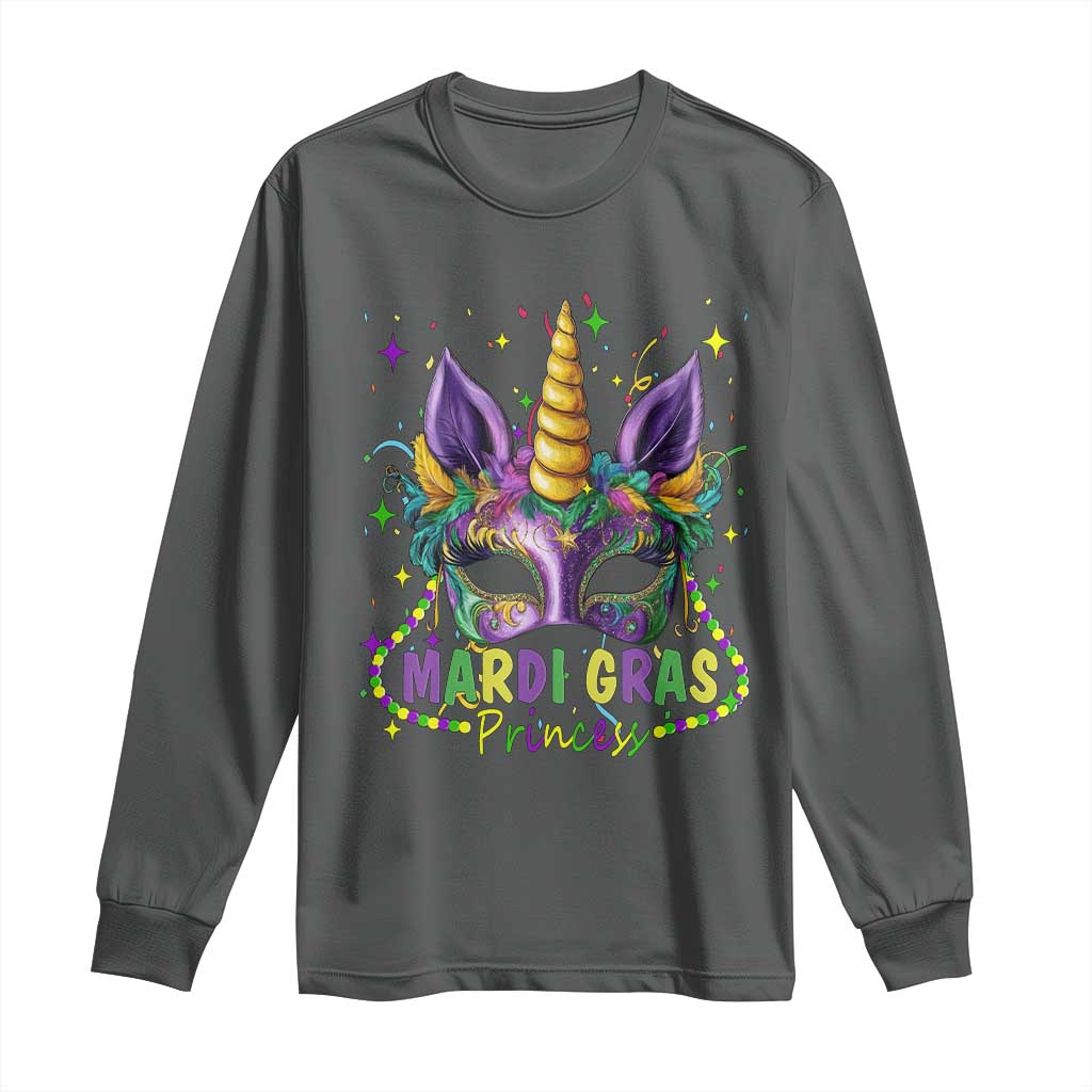 Funny Mardi Gras Princess Long Sleeve Shirt Unicorn Mask Party TS11 Dark Heather Print Your Wear