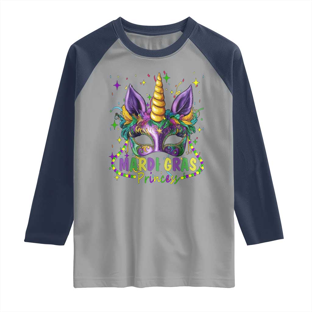 Funny Mardi Gras Princess Raglan Shirt Unicorn Mask Party TS11 Sport Gray Navy Print Your Wear