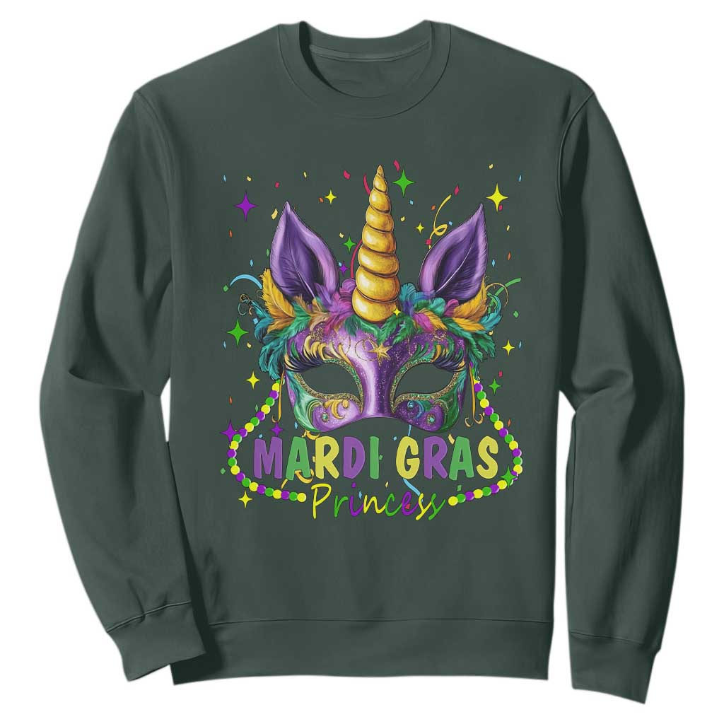 Funny Mardi Gras Princess Sweatshirt Unicorn Mask Party TS11 Dark Forest Green Print Your Wear