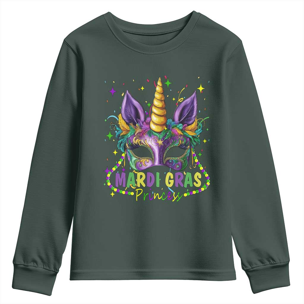 Funny Mardi Gras Princess Youth Sweatshirt Unicorn Mask Party TS11 Dark Forest Green Print Your Wear