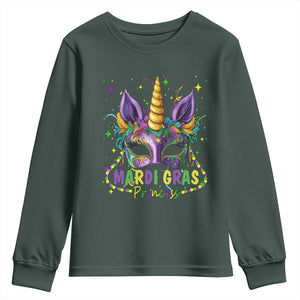 Funny Mardi Gras Princess Youth Sweatshirt Unicorn Mask Party TS11 Dark Forest Green Print Your Wear