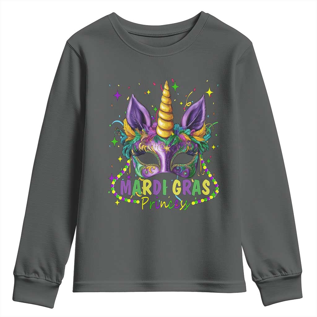 Funny Mardi Gras Princess Youth Sweatshirt Unicorn Mask Party TS11 Dark Heather Print Your Wear