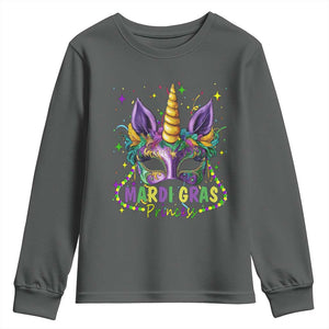 Funny Mardi Gras Princess Youth Sweatshirt Unicorn Mask Party TS11 Dark Heather Print Your Wear