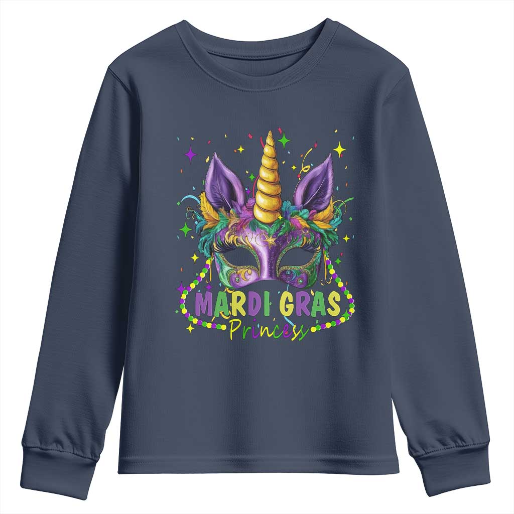 Funny Mardi Gras Princess Youth Sweatshirt Unicorn Mask Party TS11 Navy Print Your Wear