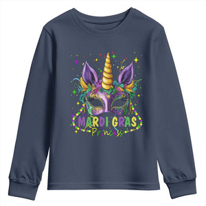 Funny Mardi Gras Princess Youth Sweatshirt Unicorn Mask Party TS11 Navy Print Your Wear