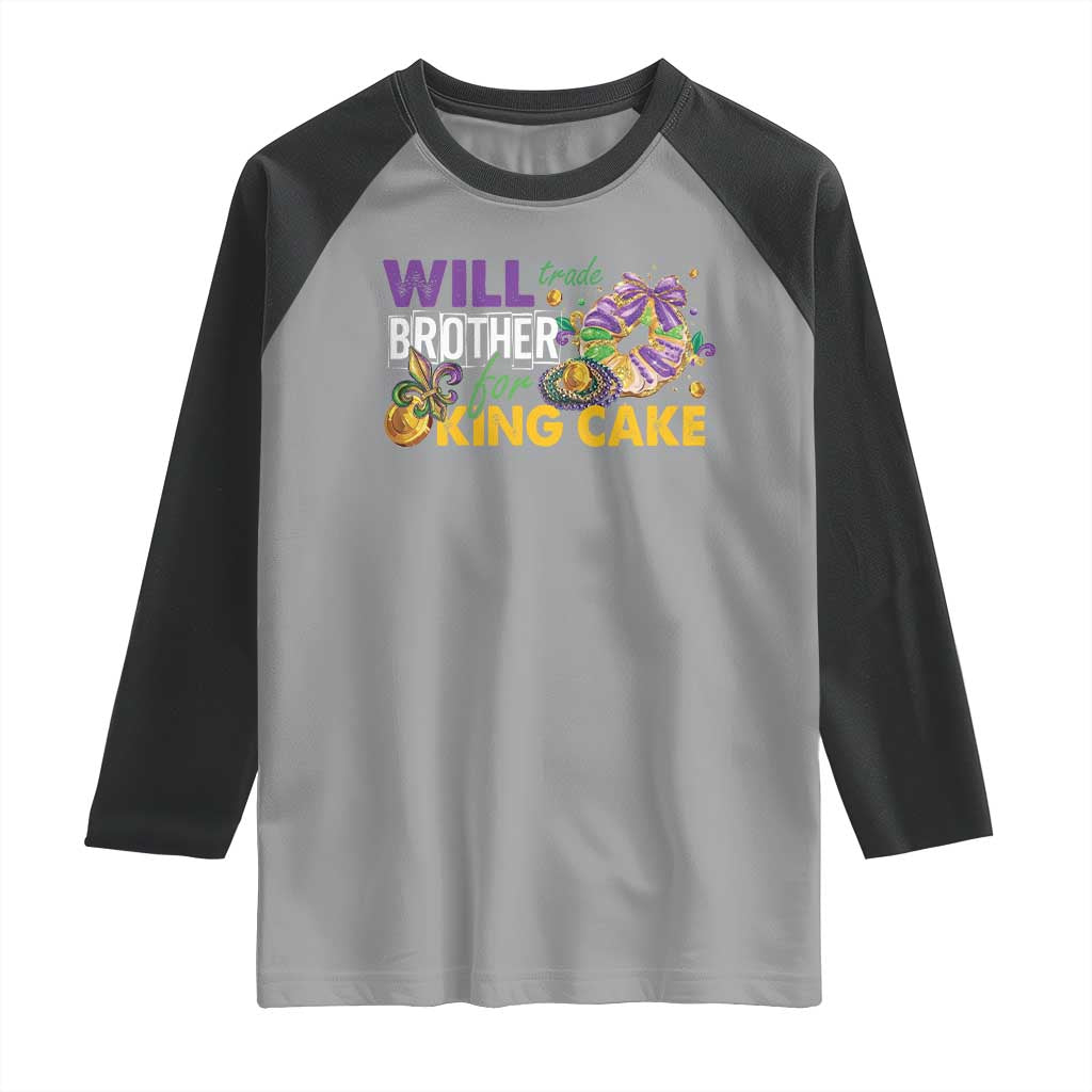 Funny Mardi Gras Will Trade Brother For King Cake Raglan Shirt Beads Doubloons TS11 Sport Gray Black Print Your Wear