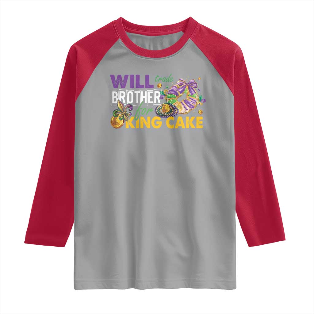 Funny Mardi Gras Will Trade Brother For King Cake Raglan Shirt Beads Doubloons TS11 Sport Gray Red Print Your Wear