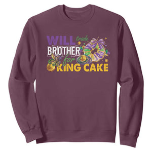 Funny Mardi Gras Will Trade Brother For King Cake Sweatshirt Beads Doubloons TS11 Maroon Print Your Wear