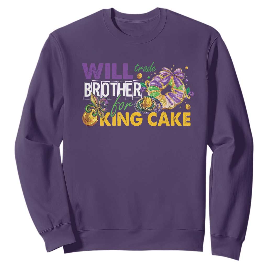 Funny Mardi Gras Will Trade Brother For King Cake Sweatshirt Beads Doubloons TS11 Purple Print Your Wear