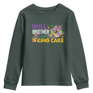 Funny Mardi Gras Will Trade Brother For King Cake Youth Sweatshirt Beads Doubloons TS11 Dark Forest Green Print Your Wear