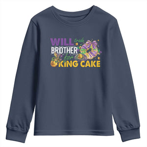 Funny Mardi Gras Will Trade Brother For King Cake Youth Sweatshirt Beads Doubloons TS11 Navy Print Your Wear
