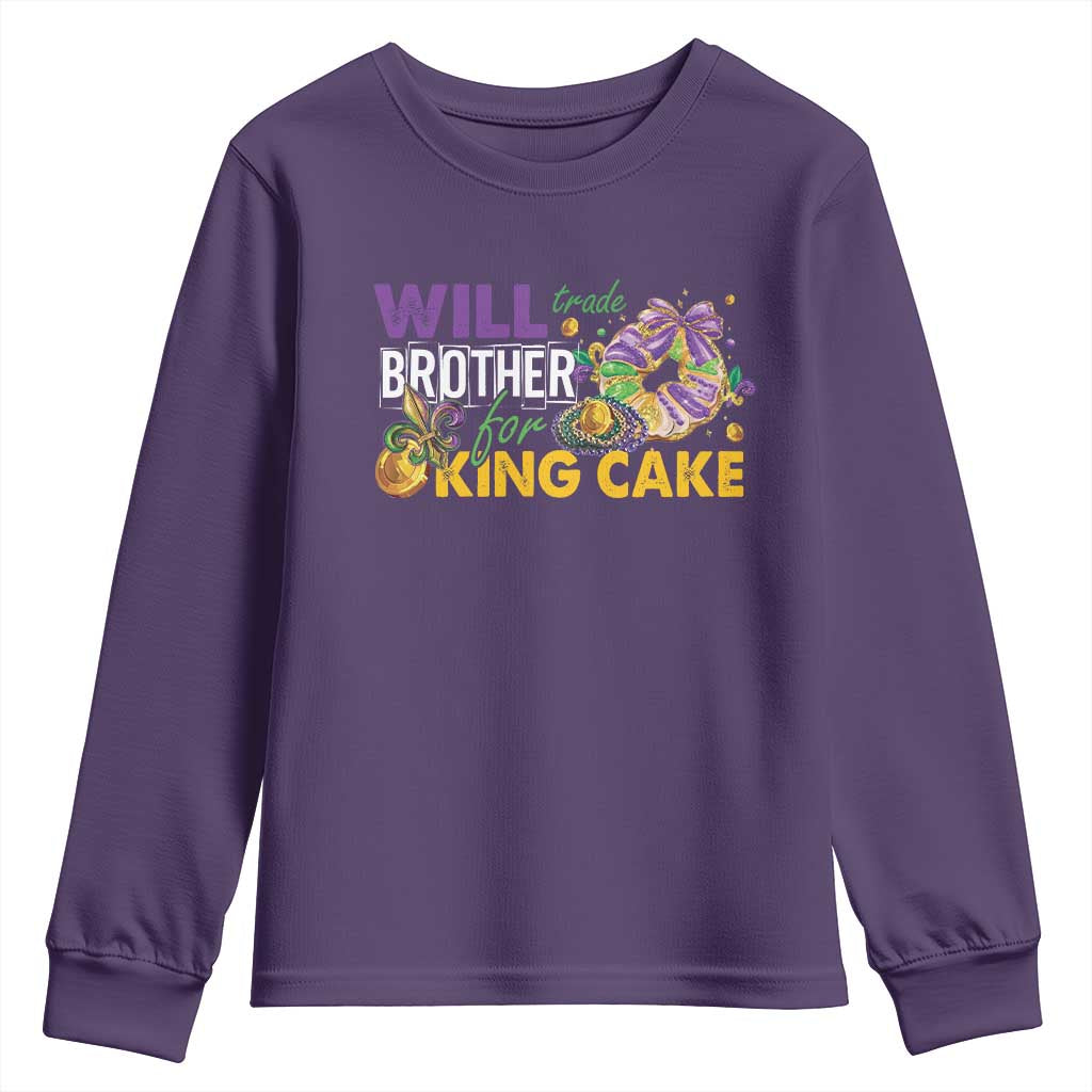 Funny Mardi Gras Will Trade Brother For King Cake Youth Sweatshirt Beads Doubloons TS11 Purple Print Your Wear
