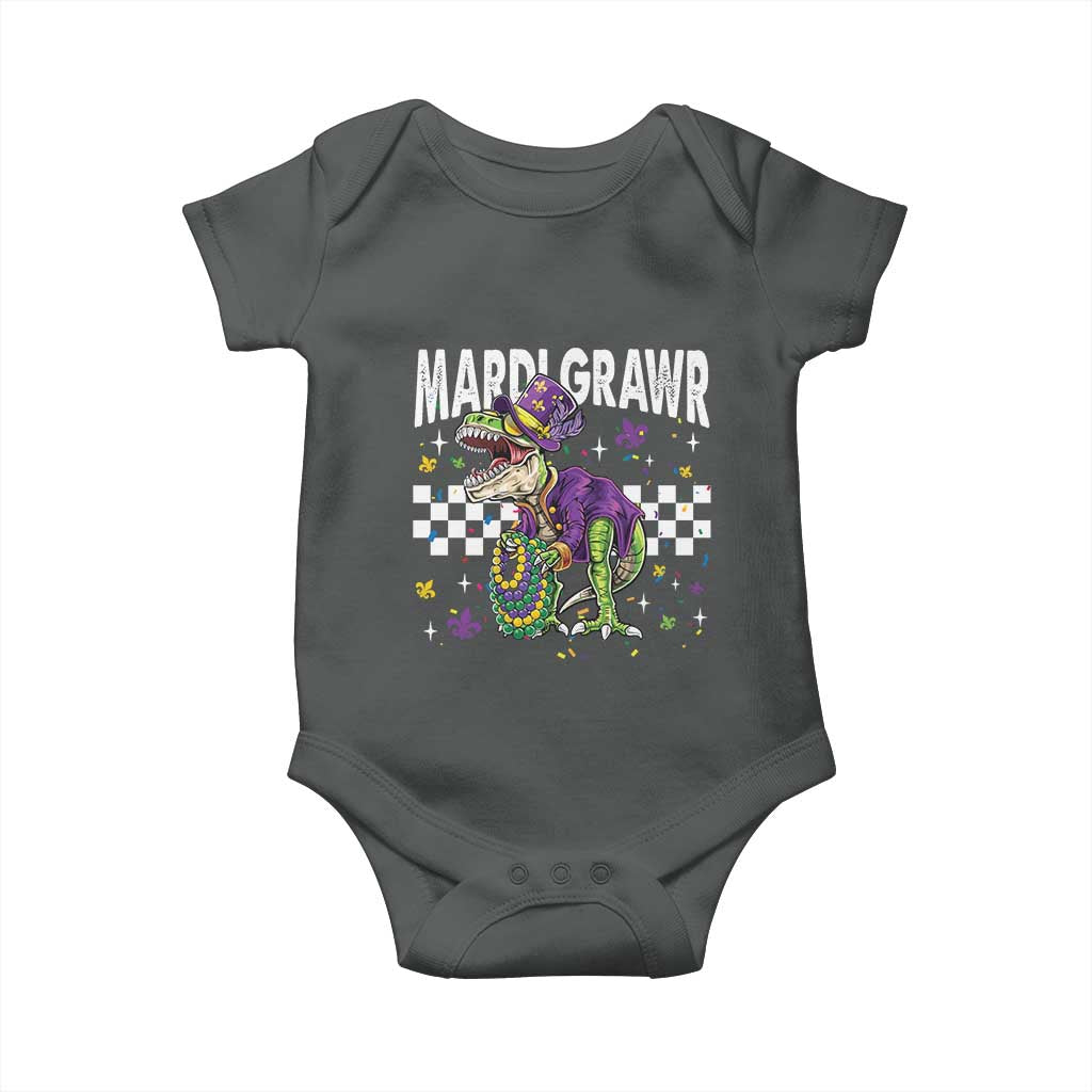 Funny Mardi Gras T-rex Dinosaur Baby Onesie Mardi Grawr Beads Carnival Party TS11 Dark Heather Print Your Wear