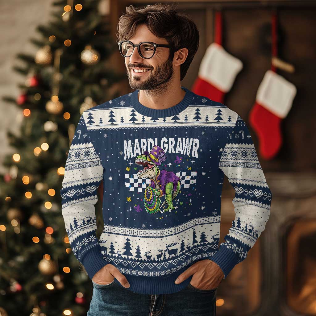 Funny Mardi Gras T-rex Dinosaur Ugly Christmas Sweater Mardi Grawr Beads Carnival Party TS11 Navy Beige Print Your Wear