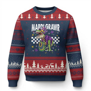 Funny Mardi Gras T-rex Dinosaur Ugly Christmas Sweater Mardi Grawr Beads Carnival Party TS11 Navy Red Print Your Wear
