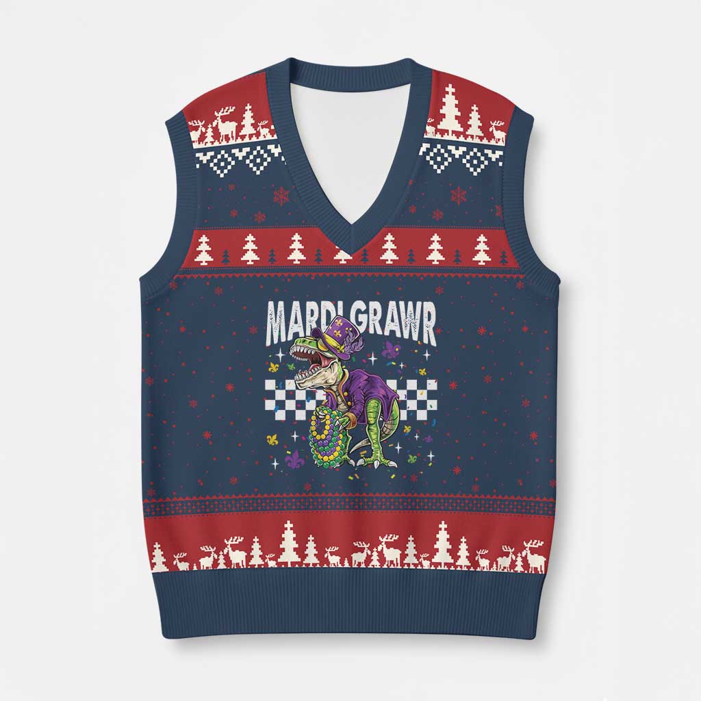 Funny Mardi Gras T-rex Dinosaur V-Neck Knit Sweater Vest Mardi Grawr Beads Carnival Party TS11 Navy Red Print Your Wear