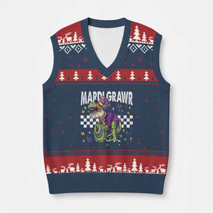 Funny Mardi Gras T-rex Dinosaur V-Neck Knit Sweater Vest Mardi Grawr Beads Carnival Party TS11 Navy Red Print Your Wear