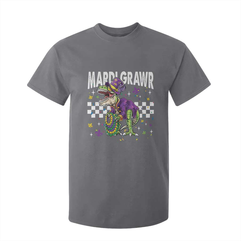 Funny Mardi Gras T-rex Dinosaur T Shirt For Kid Mardi Grawr Beads Carnival Party TS11 Charcoal Print Your Wear