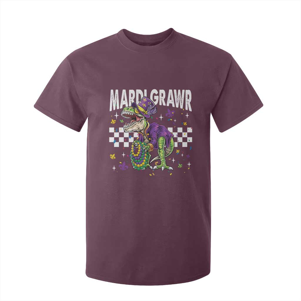 Funny Mardi Gras T-rex Dinosaur T Shirt For Kid Mardi Grawr Beads Carnival Party TS11 Maroon Print Your Wear