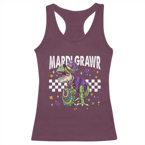 Funny Mardi Gras T-rex Dinosaur Racerback Tank Top Mardi Grawr Beads Carnival Party TS11 Maroon Print Your Wear