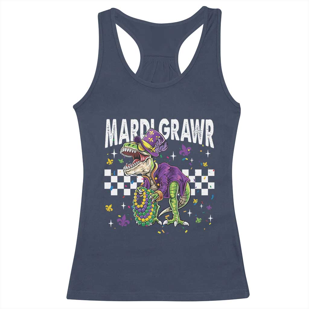 Funny Mardi Gras T-rex Dinosaur Racerback Tank Top Mardi Grawr Beads Carnival Party TS11 Navy Print Your Wear