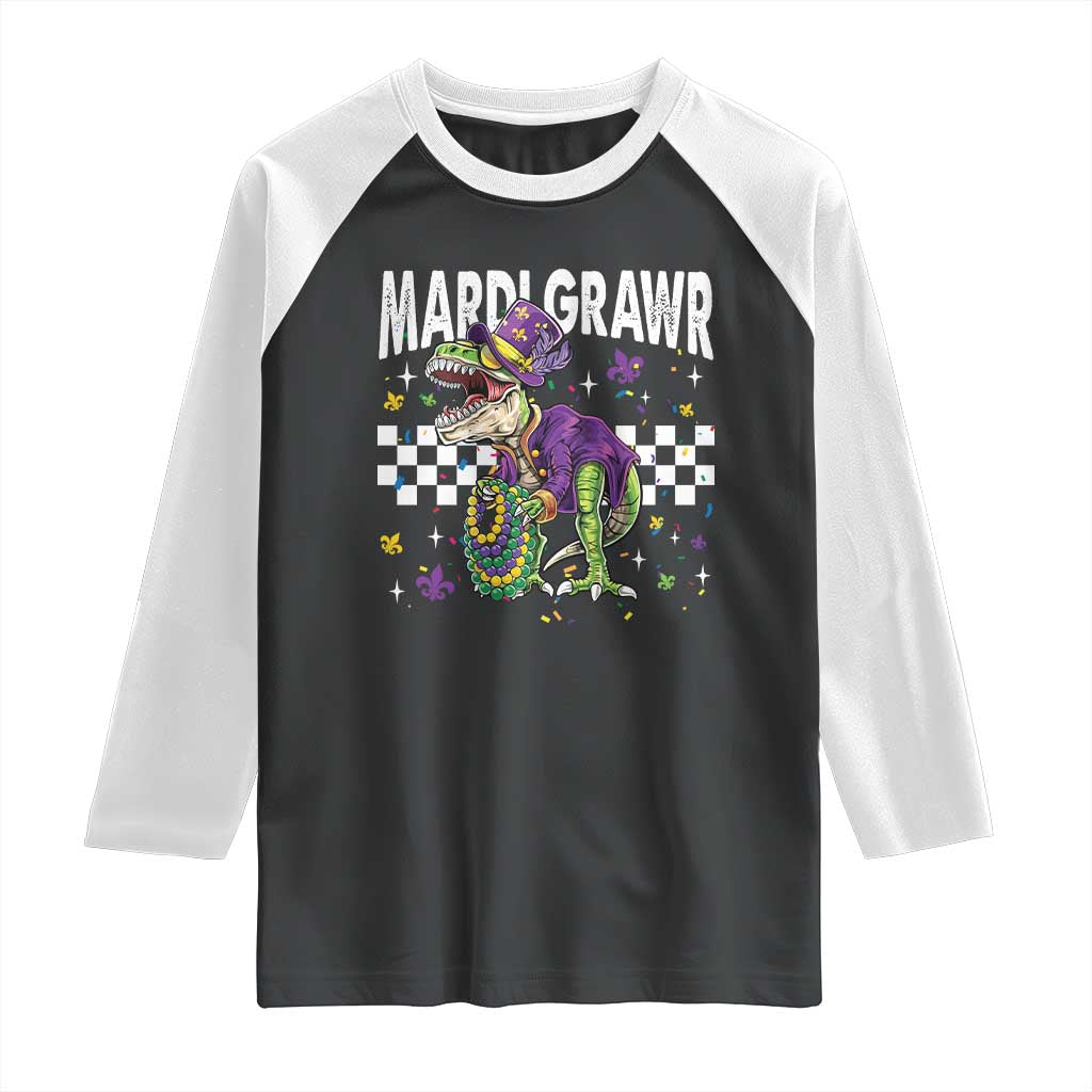 Funny Mardi Gras T-rex Dinosaur Raglan Shirt Mardi Grawr Beads Carnival Party TS11 Black White Print Your Wear
