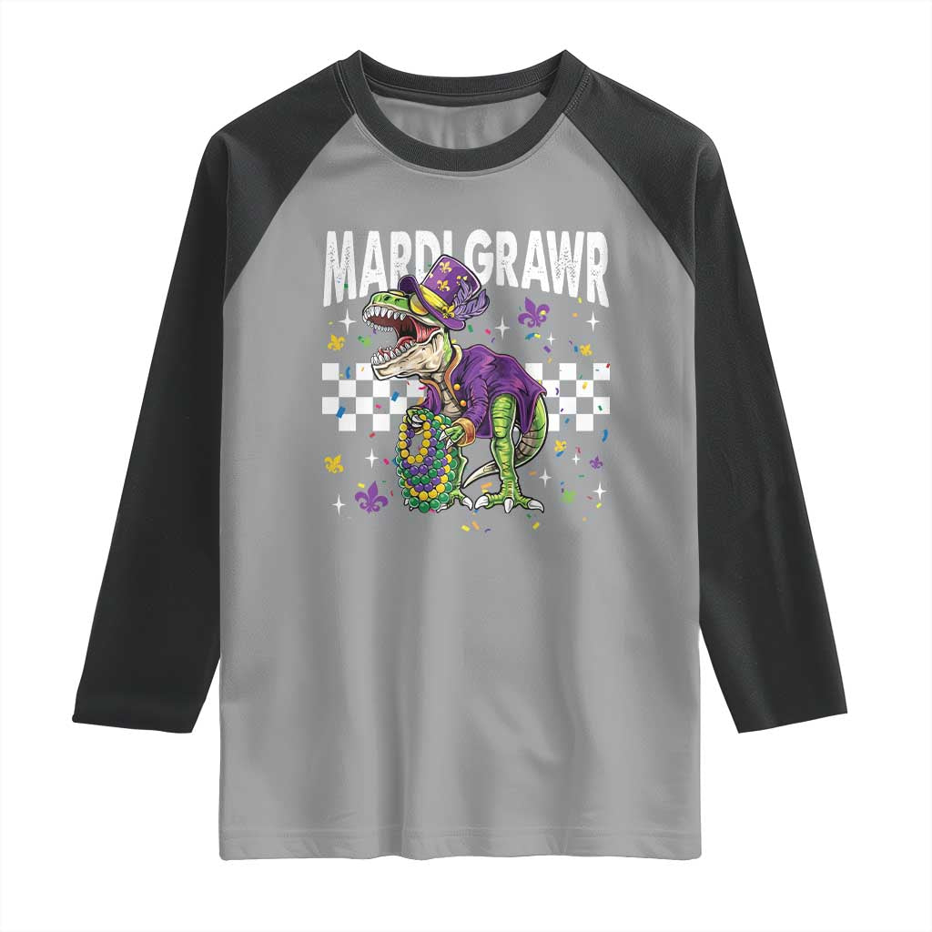 Funny Mardi Gras T-rex Dinosaur Raglan Shirt Mardi Grawr Beads Carnival Party TS11 Sport Gray Black Print Your Wear