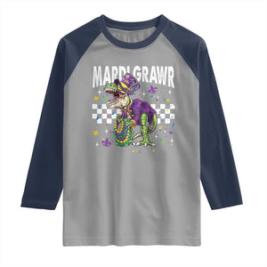 Funny Mardi Gras T-rex Dinosaur Raglan Shirt Mardi Grawr Beads Carnival Party TS11 Sport Gray Navy Print Your Wear