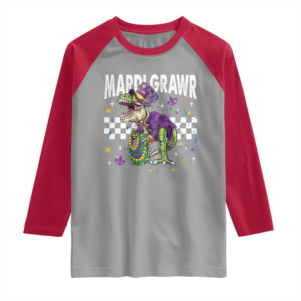 Funny Mardi Gras T-rex Dinosaur Raglan Shirt Mardi Grawr Beads Carnival Party TS11 Sport Gray Red Print Your Wear