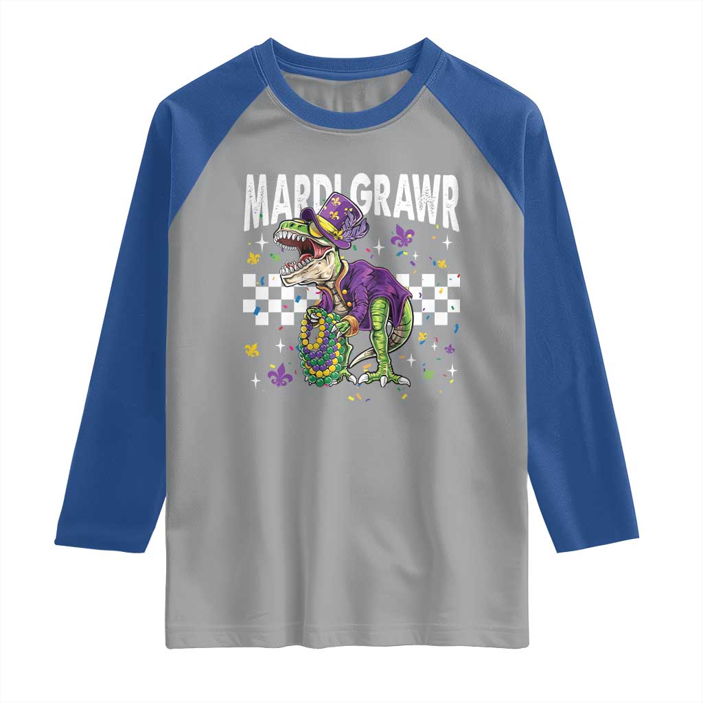 Funny Mardi Gras T-rex Dinosaur Raglan Shirt Mardi Grawr Beads Carnival Party TS11 Sport Gray Royal Print Your Wear
