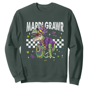 Funny Mardi Gras T-rex Dinosaur Sweatshirt Mardi Grawr Beads Carnival Party TS11 Dark Forest Green Print Your Wear