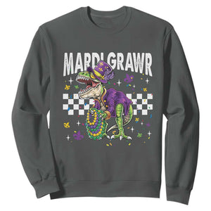 Funny Mardi Gras T-rex Dinosaur Sweatshirt Mardi Grawr Beads Carnival Party TS11 Dark Heather Print Your Wear