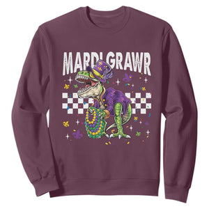 Funny Mardi Gras T-rex Dinosaur Sweatshirt Mardi Grawr Beads Carnival Party TS11 Maroon Print Your Wear