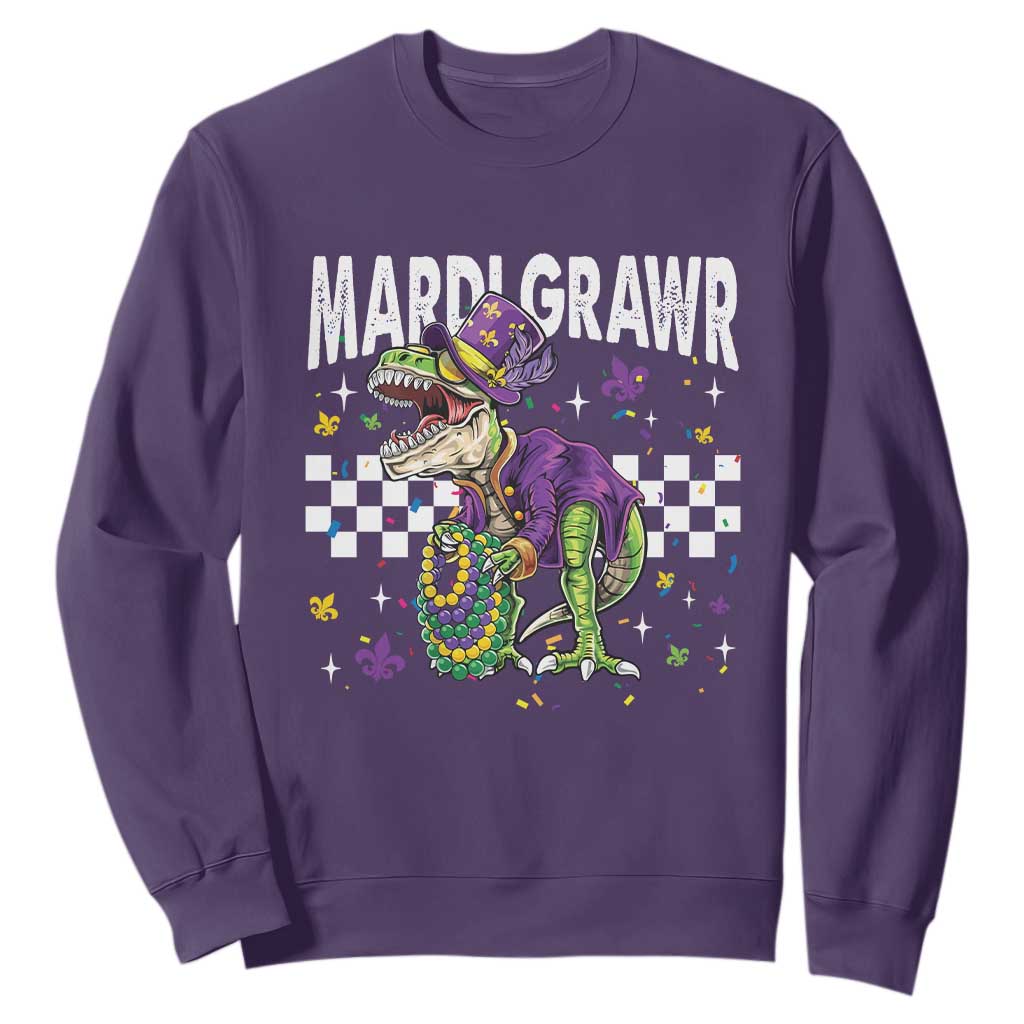 Funny Mardi Gras T-rex Dinosaur Sweatshirt Mardi Grawr Beads Carnival Party TS11 Purple Print Your Wear